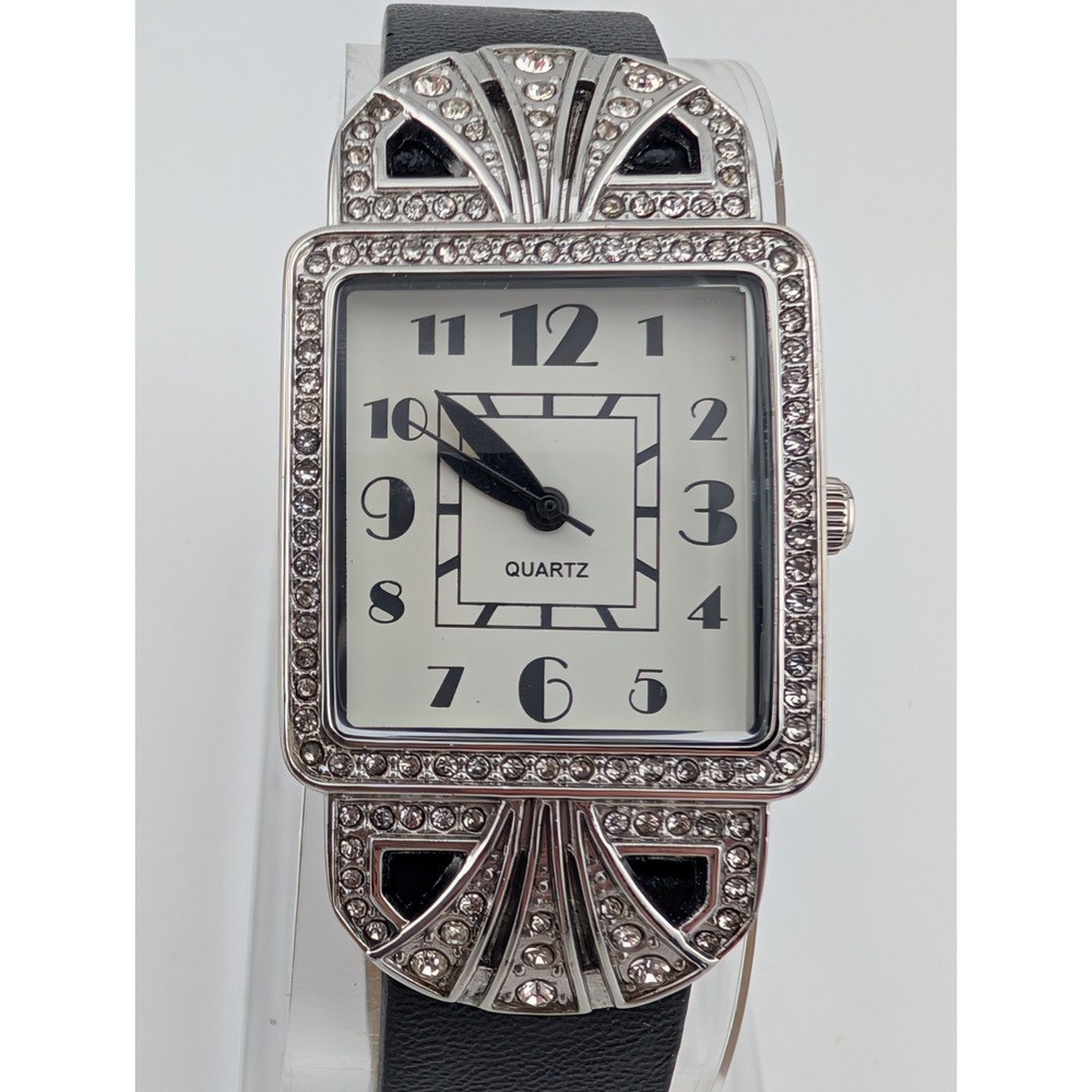 Avon Watch Women 26mm Silver Case Crystals Black Band- New Battery
